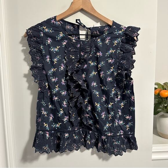 NWT GAP Navy Blue Floral Ruffle Eyelet Top Medium - Picture 10 of 12